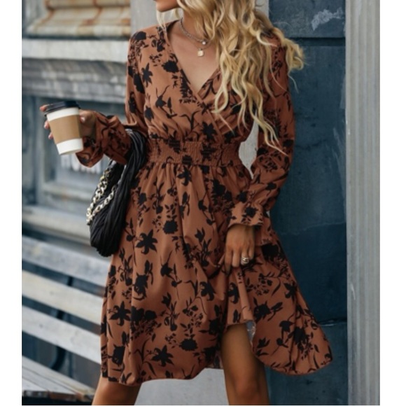 Boho floral print flounce sleeve surplice neck long sleeve mini dress - Picture 4 of 6